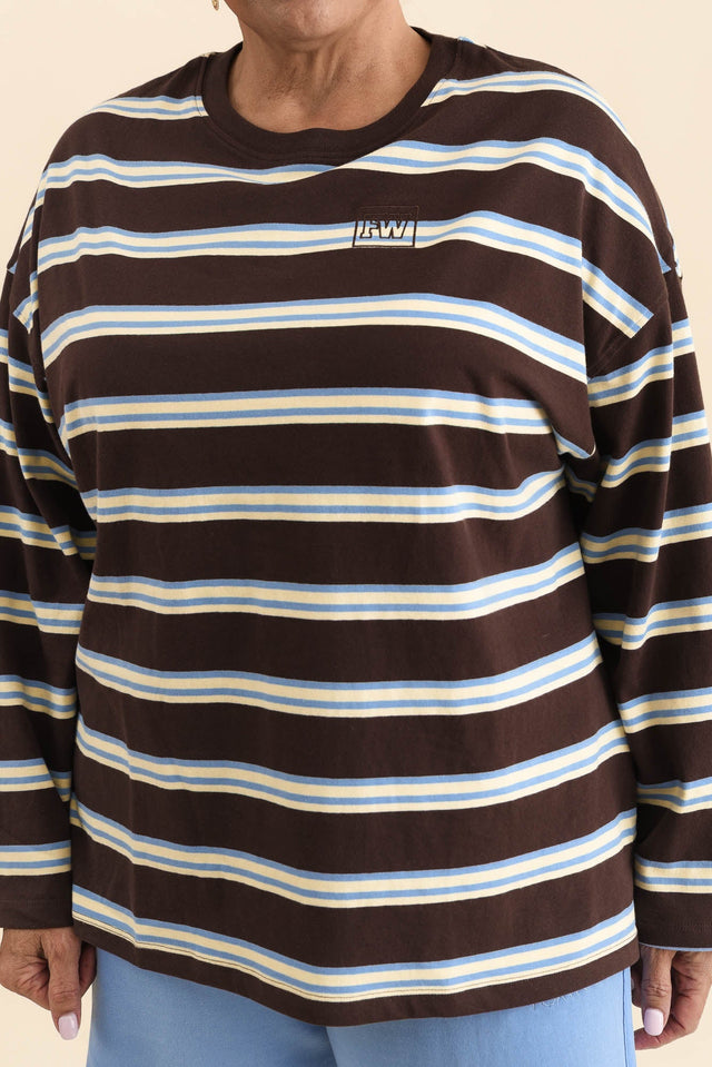Harper Chocolate Stripe Long Sleeve Tee,Detail,Brunette model,alt text|model:Pilita image 5