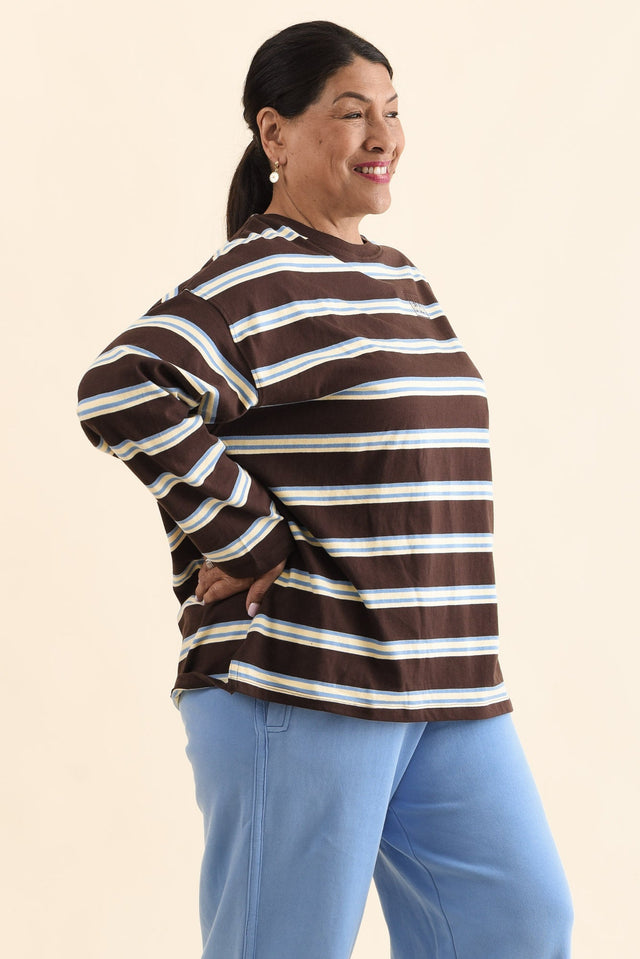 Harper Chocolate Stripe Long Sleeve Tee,Side,Brunette model,alt text|model:Pilita image 9