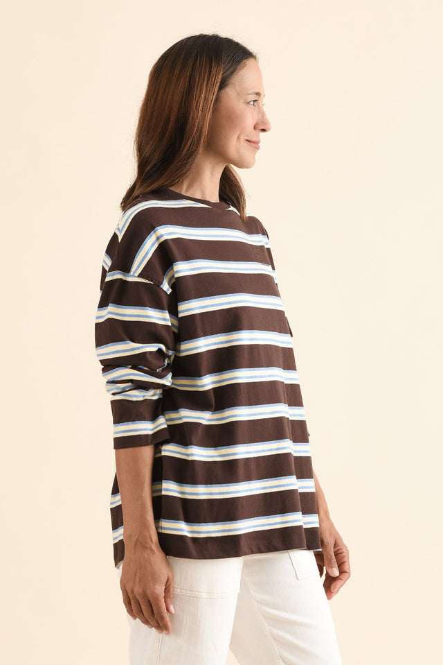 Harper Chocolate Stripe Long Sleeve Tee,Side,Brunette model,alt text|model:Cara image 3