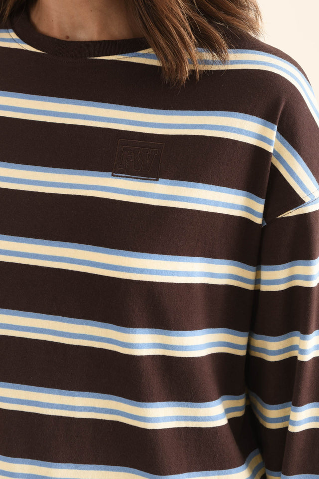 Harper Chocolate Stripe Long Sleeve Tee,Detail,Brunette model,alt text|model:Cara image 5