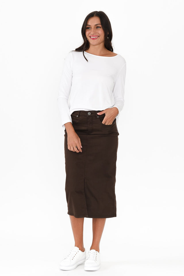 Harriet Chocolate Denim Midi Skirt,Brunette model,alt text|model:Brontie image 7