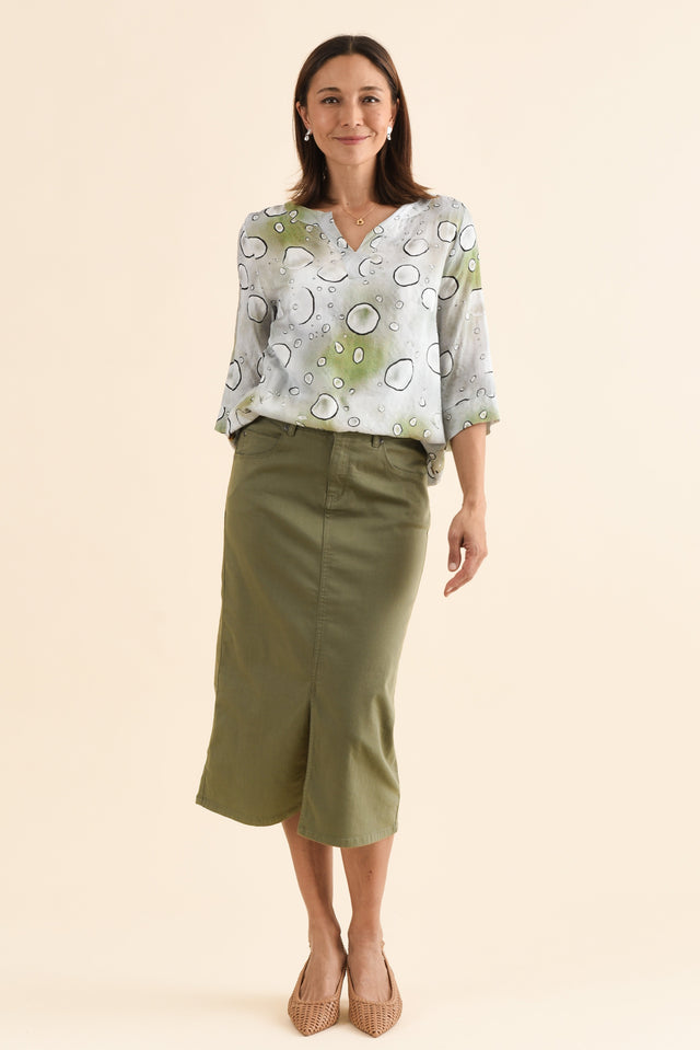 Harriet Khaki Denim Midi Skirt,Full Body,Brunette model,alt text|model:Cara