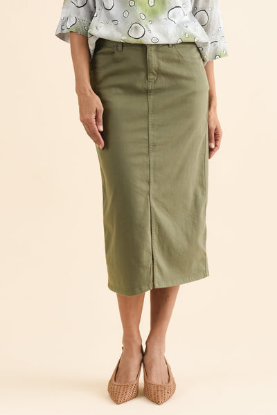 Harriet Khaki Denim Midi Skirt