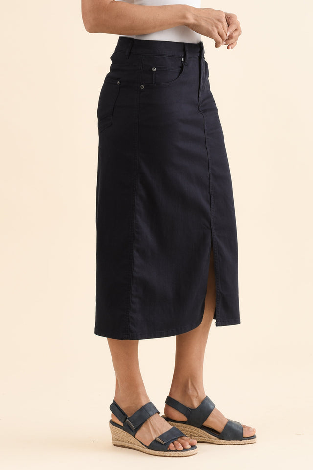 Harriet Navy Denim Midi Skirt,Side,Brunette model,alt text|model:Cara image 4