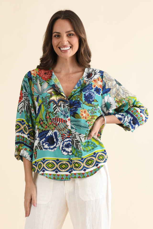 Hastings Green Floral Top,Front,Brunette model,alt text|model:MJ image 1