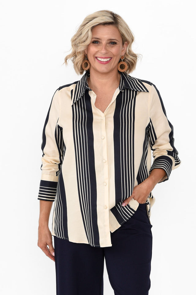 Heartstopper Navy Stripe Lyocell Shirt,alt text|model:Brooke image 1