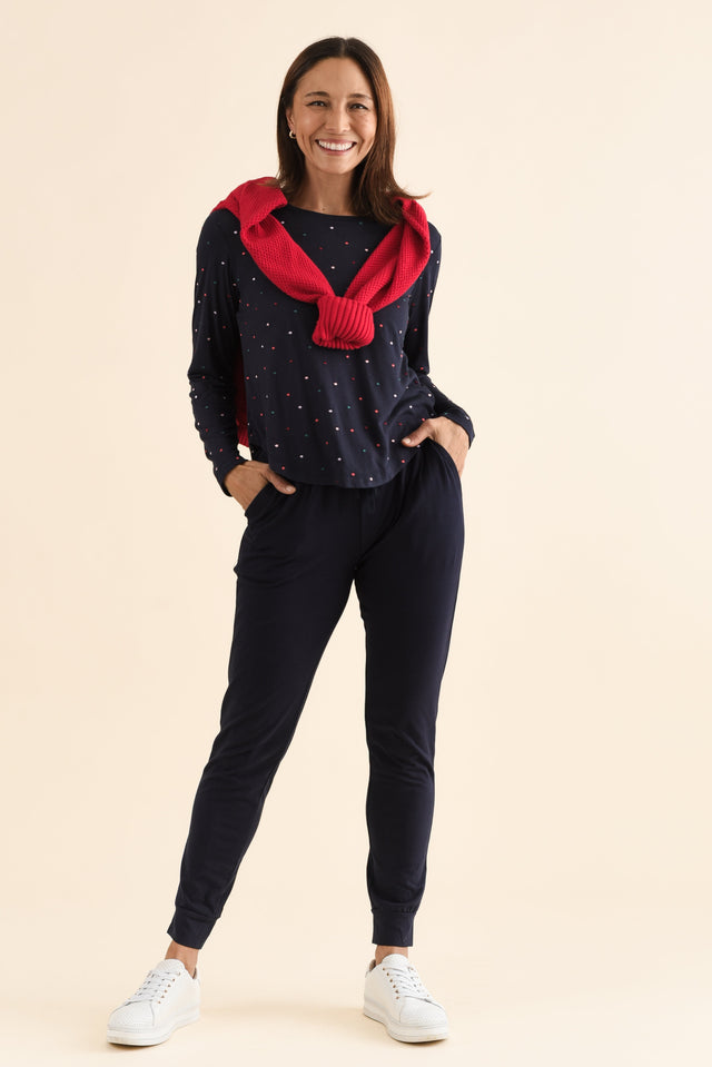 Heidi Navy Cuffed Jogger Pants,Full Body,Brunette model,alt text|model:Cara