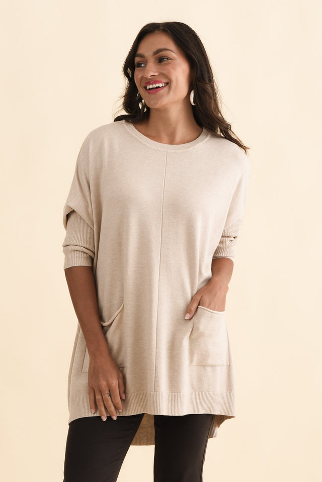 Helsinki Beige Knit Pocket Jumper,Brunette model,alt text|model:Brontie