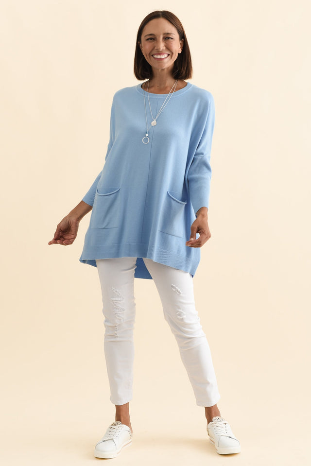 Helsinki Blue Knit Pocket Jumper,Brunette model,alt text|model:Cara image 3