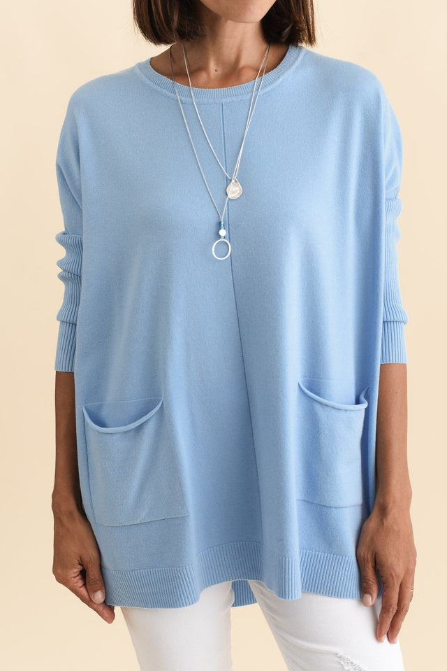 Helsinki Blue Knit Pocket Jumper,Brunette model,alt text|model:Cara image 6