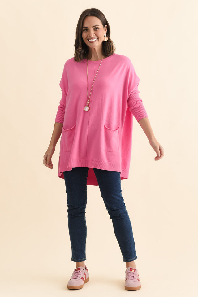 Helsinki Hot Pink Knit Pocket Jumper,Brunette model,alt text|model:MJ image 4