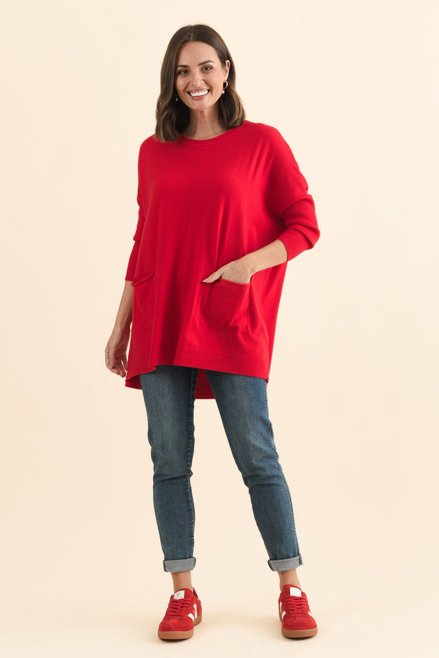 Helsinki Red Knit Pocket Jumper,Brunette model,alt text|model:MJ image 7