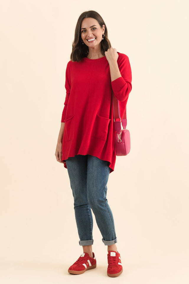 Helsinki Red Knit Pocket Jumper,Brunette model,alt text|model:MJ image 3
