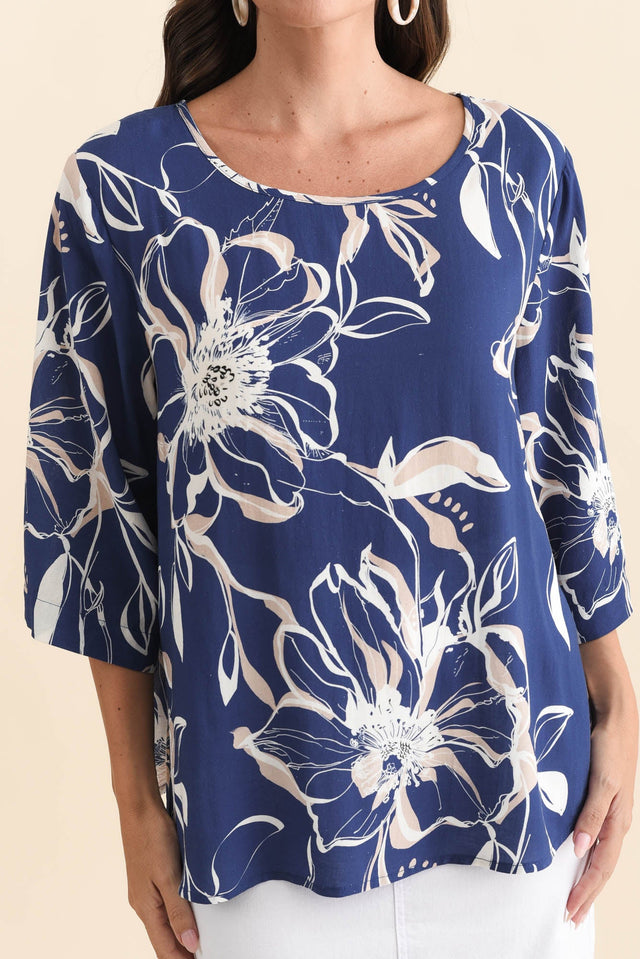 Hepburn Blue Flower Linen Blend Top,Brunette model,alt text|model:MJ image 7