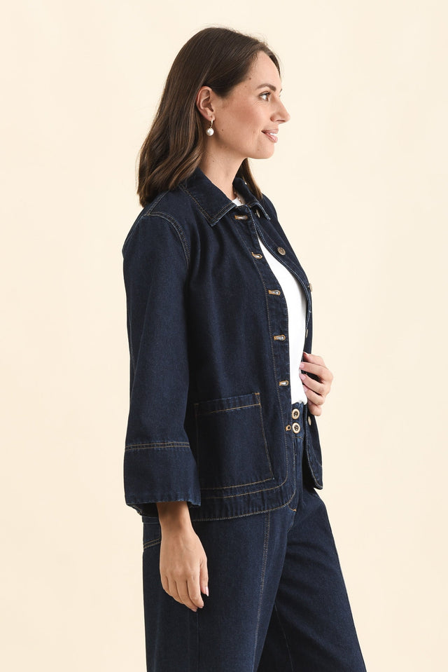 Hilary Dark Blue Denim Shacket,Side,Brunette model,alt text|model:MJ image 4