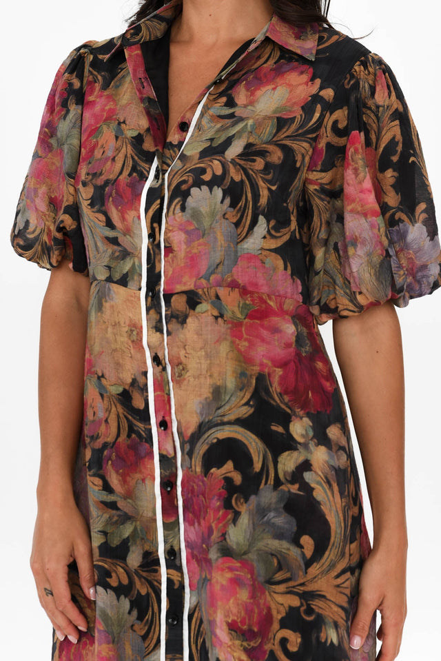Hilma Black Floral Cotton Blend Tie Dress,Brunette model,alt text|model:Brontie image 7