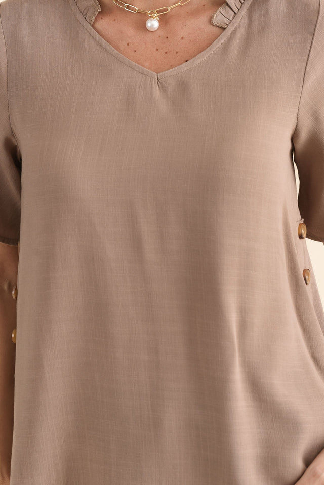 Hina Mocha Frill Collar Top,brunette model,Close up of outfit,alt text|model:MJ image 5