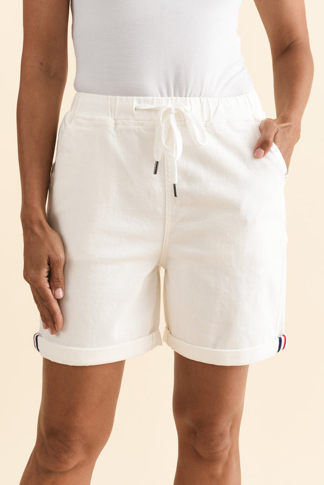 Hugo White Denim Drawstring Shorts,Brunette model,alt text|model:Cara image 7