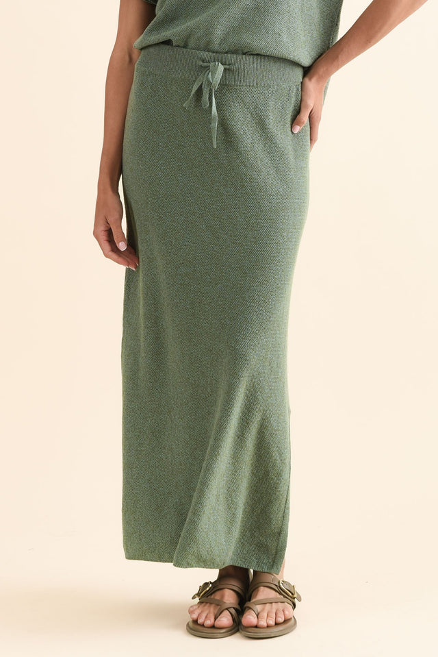 Hyatt Green Cotton Skirt,Front,Brunette model,alt text|model:Brontie