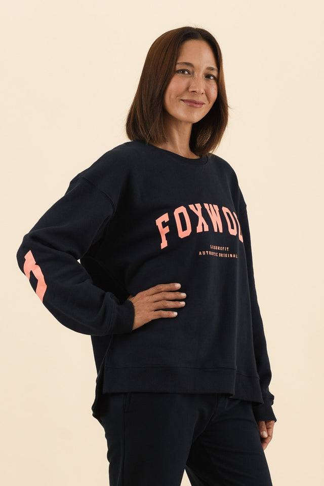 Interval Navy Crewneck Sweatshirt,Side,Brunette model,alt text|model:Cara image 4