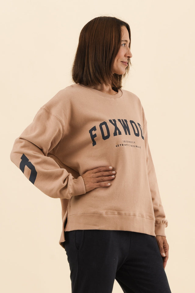 Interval Tan Crewneck Sweatshirt,Side,Brunette model,alt text|model:Cara image 4