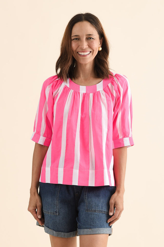 Irma Pink Stripe Cotton Top,Front,Brunette model,alt text|model:Cara image 1