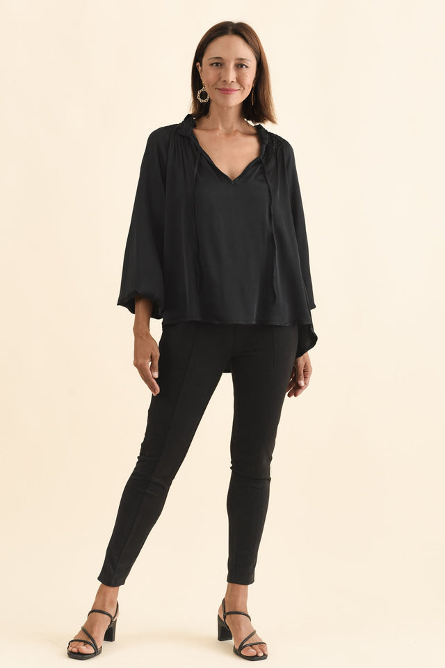 Isaac Black Silk Ruched Top,Brunette model,alt text|model:Cara image 7