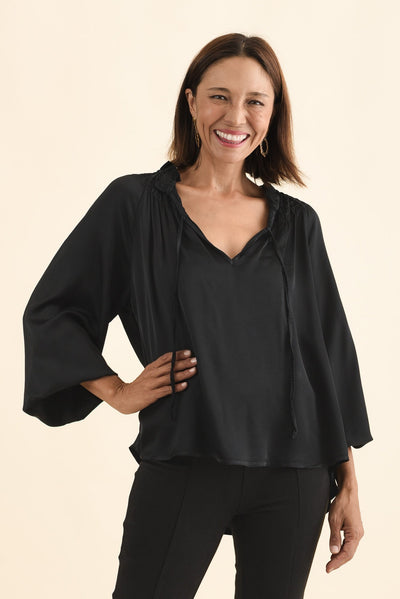 Isaac Black Silk Ruched Top