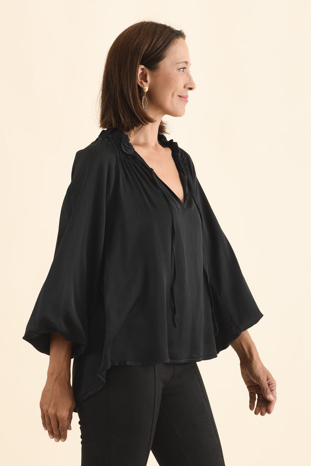 Isaac Black Silk Ruched Top,Brunette model,alt text|model:Cara image 4
