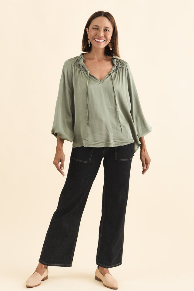 Isaac Khaki Silk Ruched Top,Brunette model,alt text|model:Cara image 4