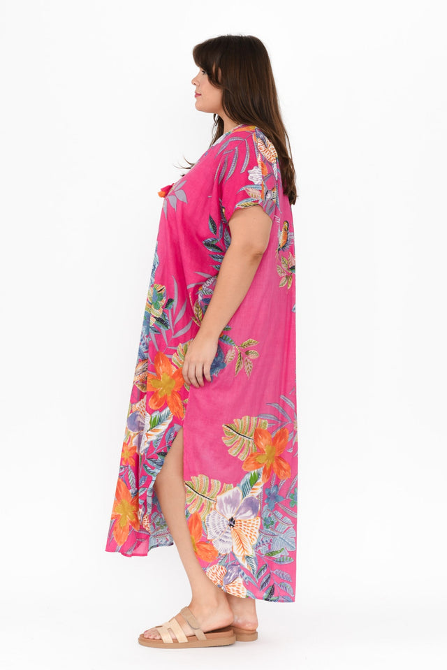 Isla Pink Bird Cotton Kaftan,Brunette model,alt text|model:Gabby image 8