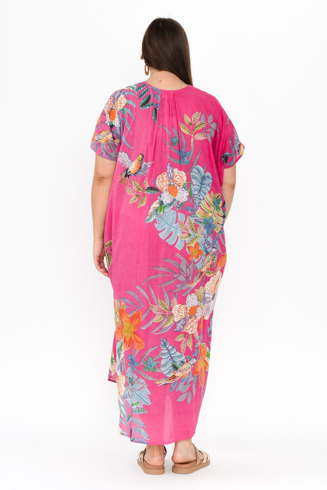 Isla Pink Bird Cotton Kaftan,Brunette model,alt text|model:Gabby image 9