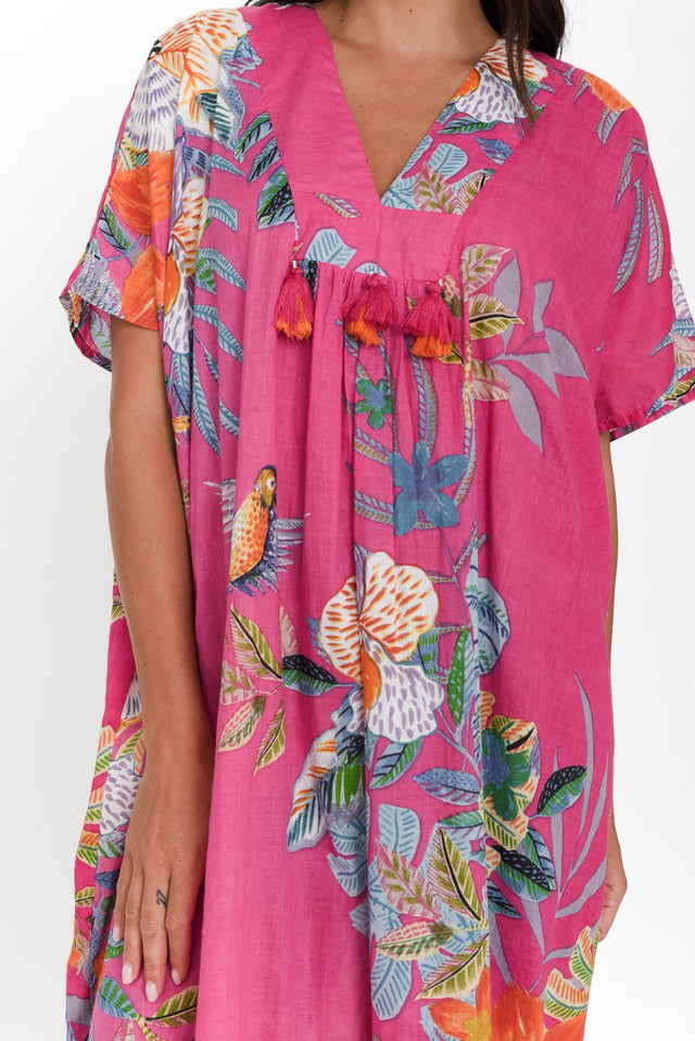 Isla Pink Bird Cotton Kaftan,Brunette model,alt text|model:Brontie image 6