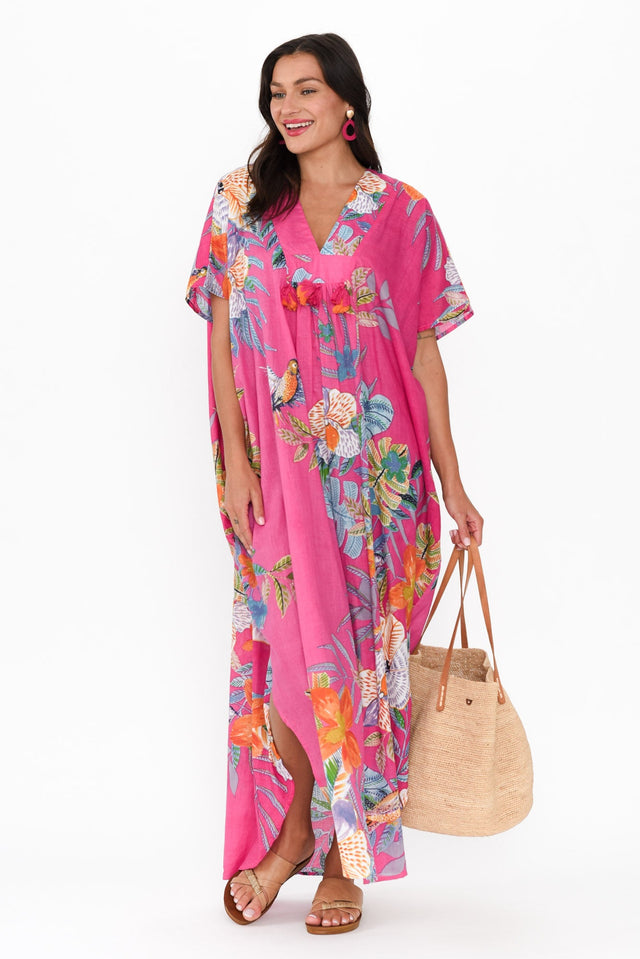 Isla Pink Bird Cotton Kaftan,Brunette model,alt text|model:Brontie