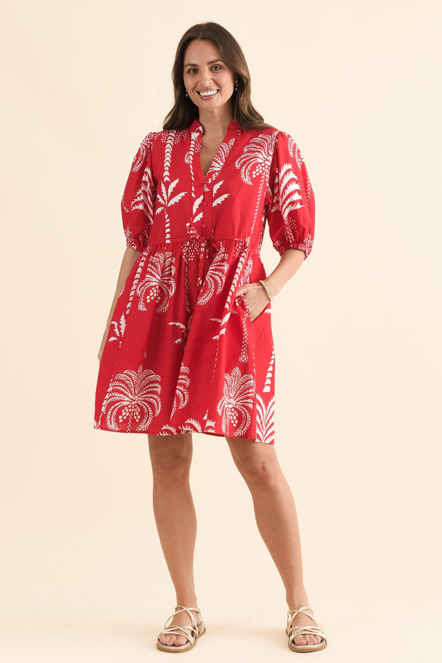 Island Time Red Palm Cotton Dress,Full Body,Brunette model,alt text|model:MJ
