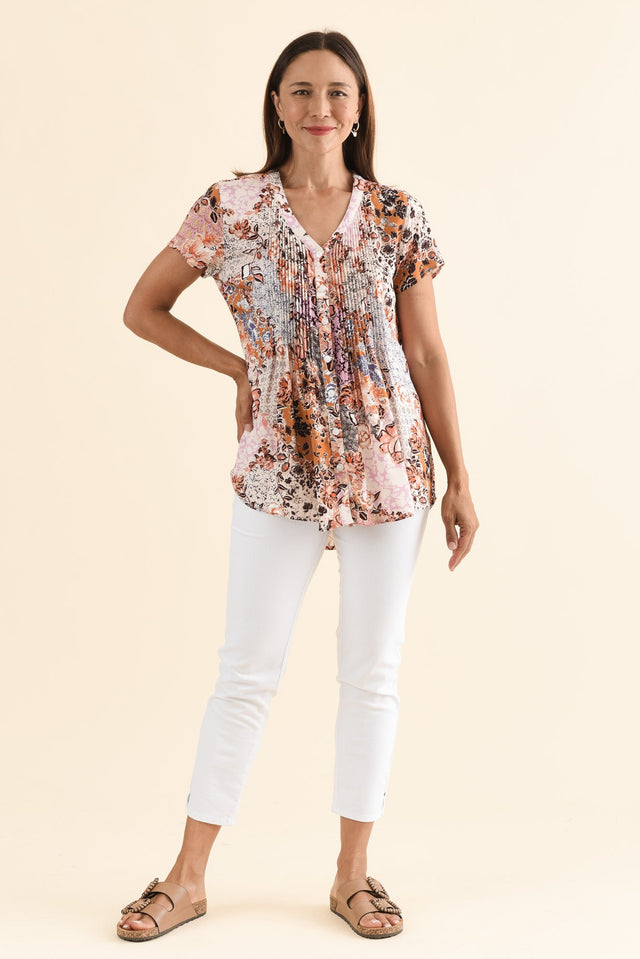 Isobel Pink Flower Button Top,Full Body,Brunette model,alt text|model:Cara image 2