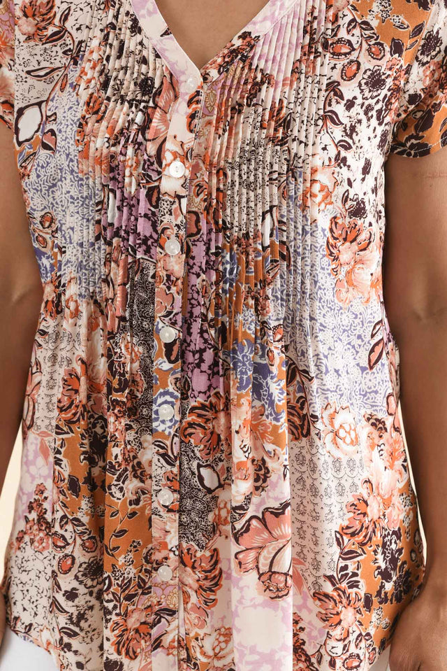 Isobel Pink Flower Button Top,Detail,Brunette model,alt text|model:Cara image 5