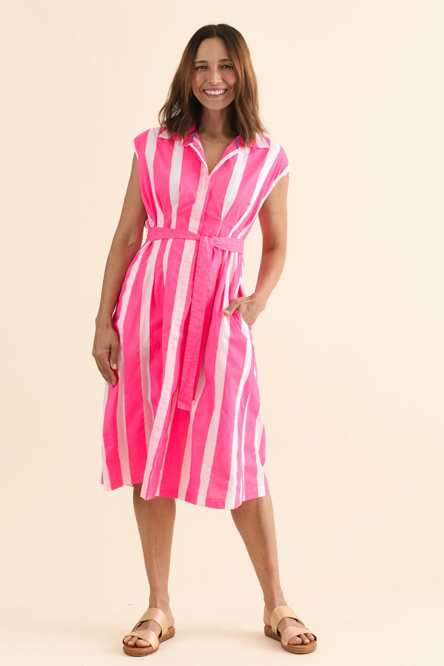 Isolde Pink Stripe Cotton Tie Dress,Full Body,Brunette model,alt text|model:Cara