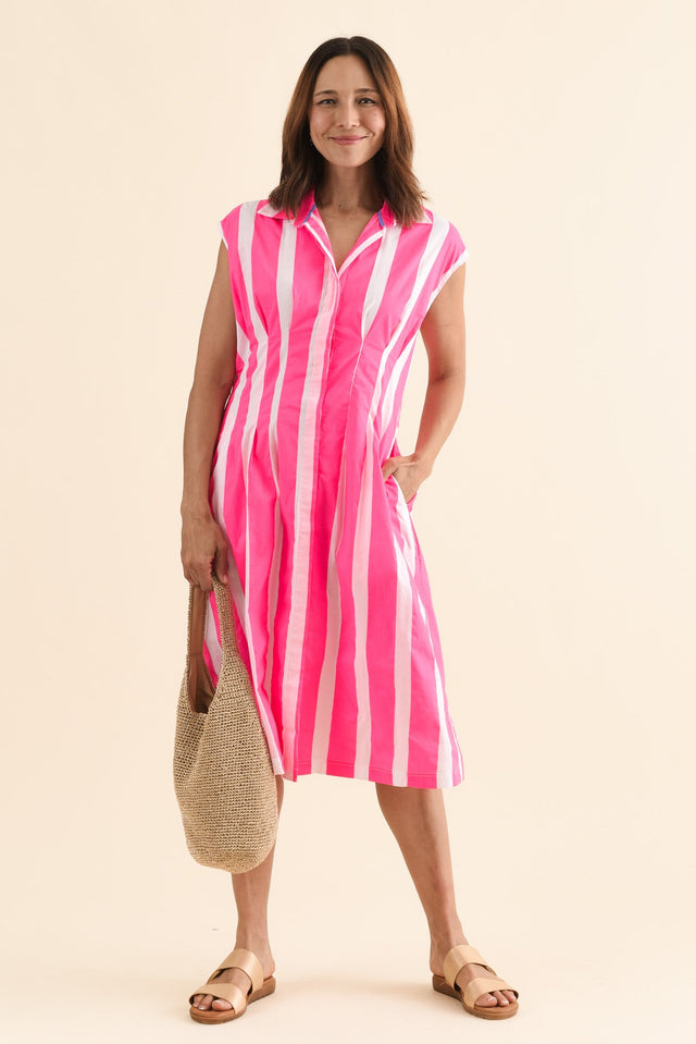 Isolde Pink Stripe Cotton Tie Dress,Front,Brunette model,alt text|model:Cara