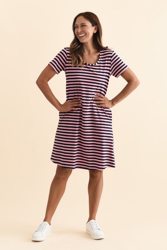 Izzy Pink Stripe Cotton Tee Dress,Brunette model,alt text|model:Cara image 7