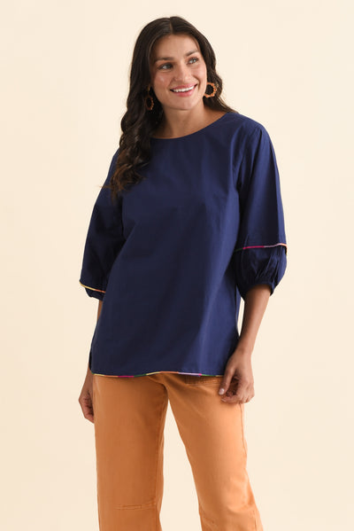 Jada Navy Cotton Puff Sleeve Top