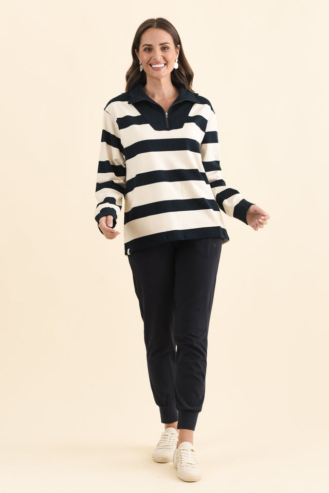 Jade Navy Stripe Cotton Half Zip Sweatshirt,Brunette model,alt text|model:MJ image 7