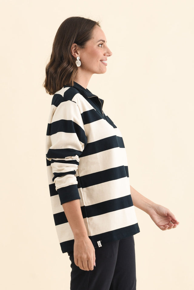 Jade Navy Stripe Cotton Half Zip Sweatshirt,Brunette model,alt text|model:MJ image 4