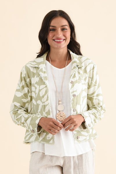 Jamie Khaki Leaf Linen Blend Jacket