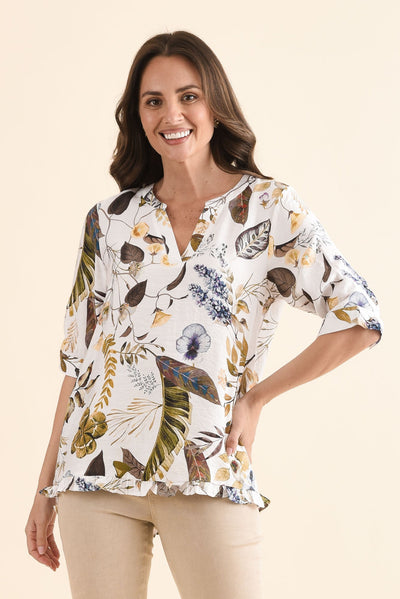 Jamilah Green Garden V Neck Top