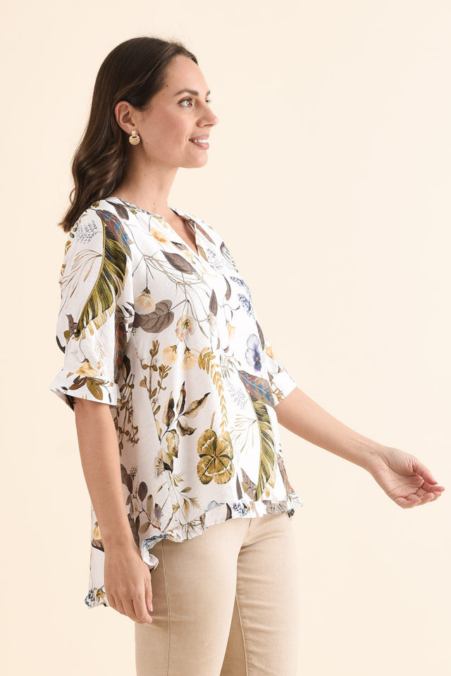Jamilah Green Garden V Neck Top,Side,Brunette model,alt text|model:MJ image 3