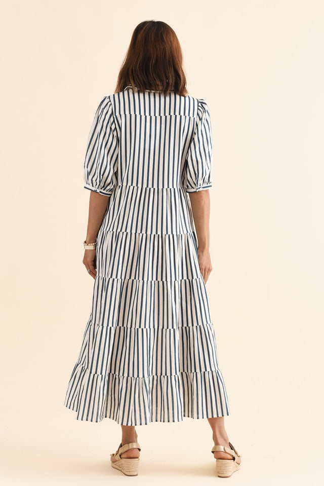 Jane Navy Stripe Linen Shirt Dress,Back,Brunette model,alt text|model:Cara image 4