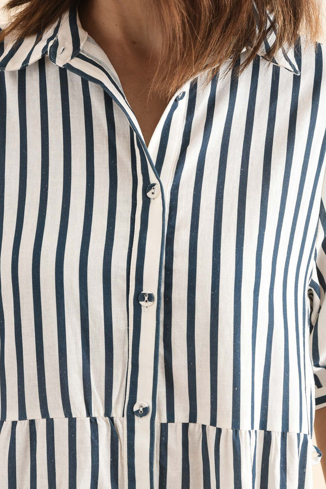 Jane Navy Stripe Linen Shirt Dress,Detail,Brunette model,alt text|model:Cara image 5