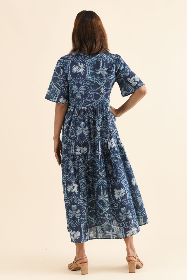 Jasira Blue Palm Cotton Tiered Dress,Back,Brunette model,alt text|model:Cara image 6