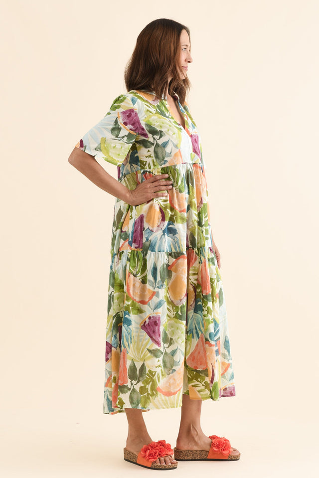 Jasira Yellow Fruity Cotton Tiered Dress,Side,Brunette model,alt text|model:Cara image 5